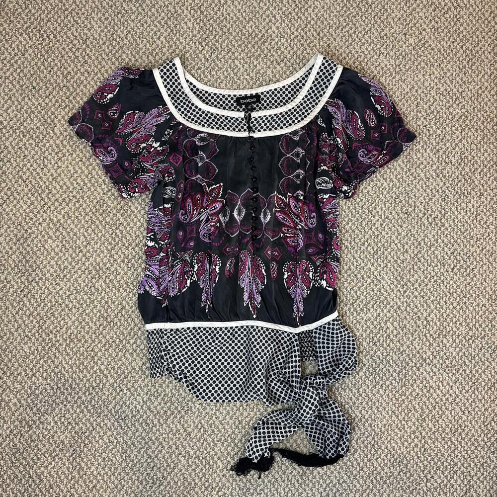 Stunning vintage y2k silky floral paisley purple and navy babydoll top